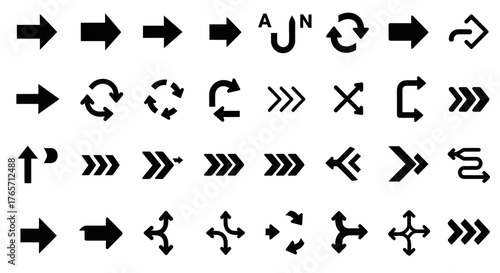 Collection of diverse arrow symbols isolated on white background, showcasing various directions, orientations, and styles for navigation, indication, and design purposes
