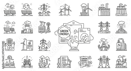 A collection of green energy icons isolated on white background showcasing various renewable energy sources and sustainable technologies for a cleaner future