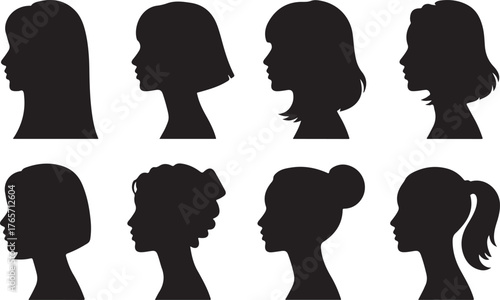 Set of Female Profile Silhouettes with Different Hairstyles - Woman Avatar Vector