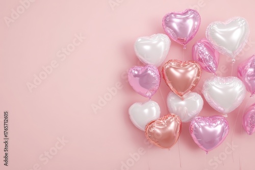 Heart shaped balloon. White silver and pink colored party balloons on a pastel background. Glossy, shiny foil balloons. Good for anniversary wedding, celebration birthday. Happy St. Valentine's day.