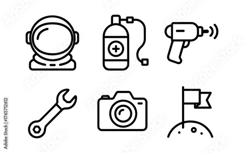 Space exploration icons: astronaut helmet, tools, camera, flag, oxygen tank