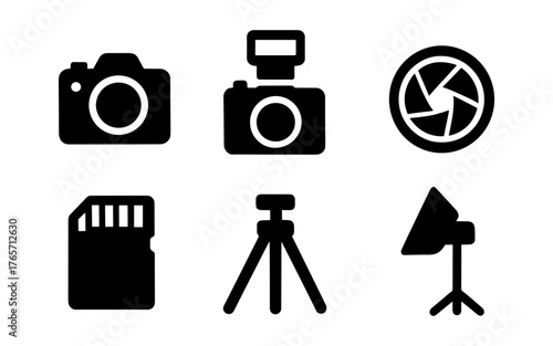 Silhouette camera icons set including tripod and flash components
