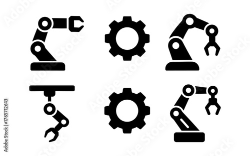 Industrial robotics silhouette icons set: gear and arm designs for automation and engineering