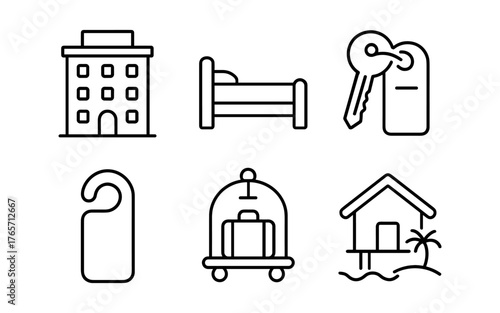Outline icons of hotel amenities and services: bed, key, bungalow, more