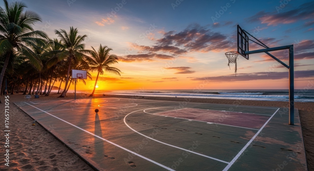 Fototapeta premium Sunset basketball court on tropical beach with palm trees and ocean waves