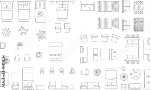 Modern furniture top view vector set for architectural floor plan, bedroom, living room, and home interior layout design, minimalist CAD drawing illustration