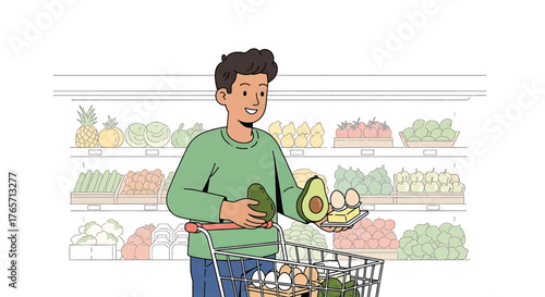 Cartoon man shopping for avocados and vegetables in a grocery store aisle with a shopping cart.