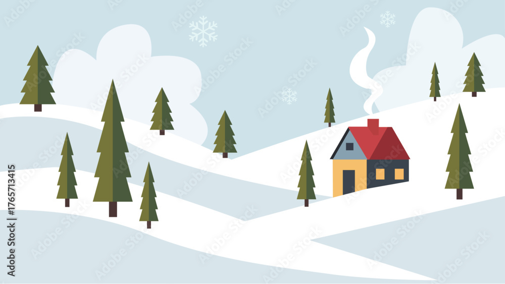 Naklejka premium Cozy winter landscape illustration depicting a charming secluded house nestled among snow-covered evergreen trees under a gentle snowfall, creating a serene and peaceful seasonal scene