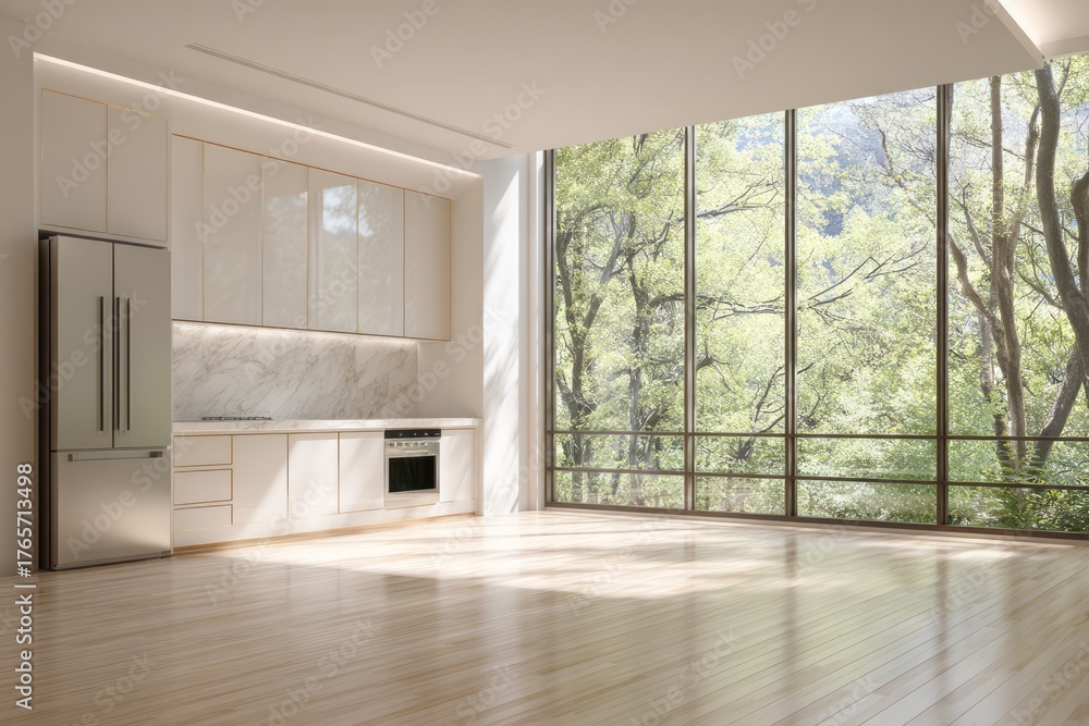 Obraz premium Modern kitchen with large windows overlooking a lush green forest.