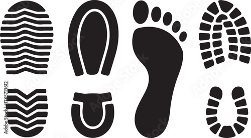Set of Footprints and Shoe Sole Silhouettes - Ground Tracks Vector Collection