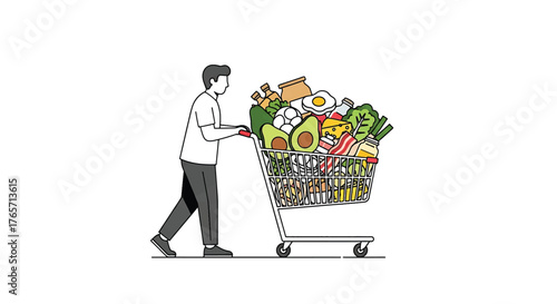 A man pushing a shopping cart filled with groceries on a white background.