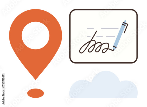 Orange location marker, digital signature with pen, and cloud icon symbolizing location, authentication, technology, digital services, security, data and communication. Ideal for navigation