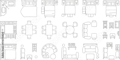 Modern furniture top view vector set, bedroom and living room layout elements, minimalist home interior plan, sofa, bed, table, chair, cabinet, and decor design illustration