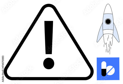 Exclamation mark triangle for caution. Rocket launches innovation and growth. Medicine capsules highlight healthcare focus. Ideal for safety, progress, health, technology, risk, alert and discovery