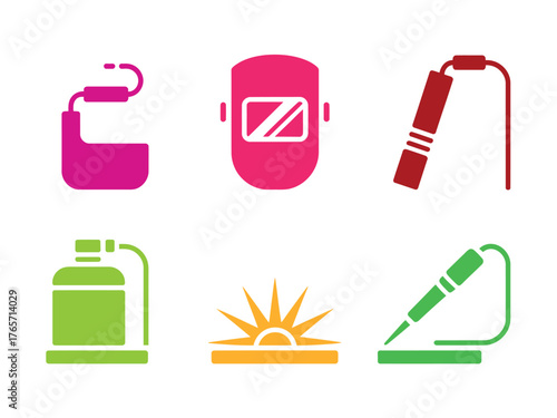 Welding equipment icons isolated on white background, including a welding machine, mask, and welding torch tool
