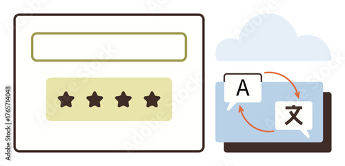 Rating scale with four stars and a translation feature with arrows looped between letters in different alphabets. Ideal for UX design, reviews, translation apps, cloud services, feedback management