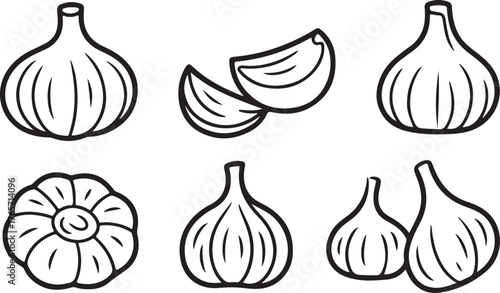 Set of Garlic Bulb and Clove Outline Icons - Culinary Line Art Vector