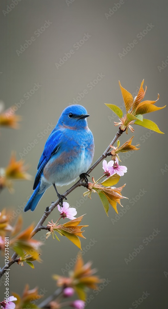 Obraz premium Brilliant blue avian creature perches delicately upon a flowering branch with emerging foliage