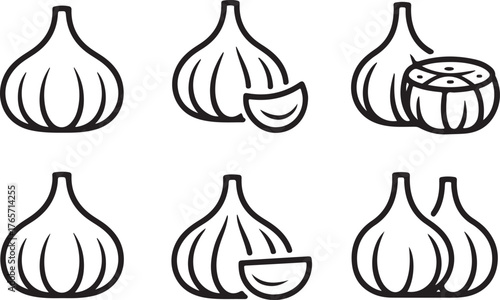 Set of Garlic Bulb and Clove Outline Icons - Culinary Line Art Vector