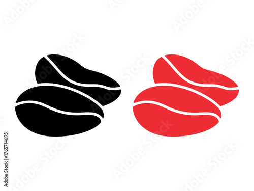 Two pairs of coffee beans, one in black and the other in red isolated on white background for design needs