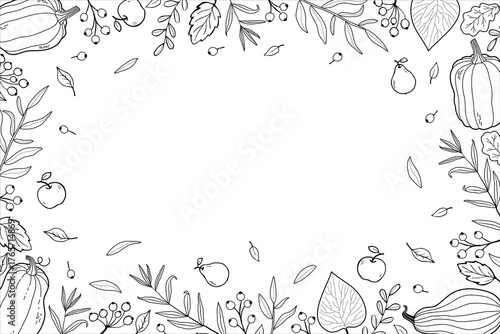 Autumn rectangular frame. Autumn time postcard template. Fall foliage frame in doodle style. Autumn elements - leaves, acorns, twigs, berries. Cartoon illustration, decor frame.