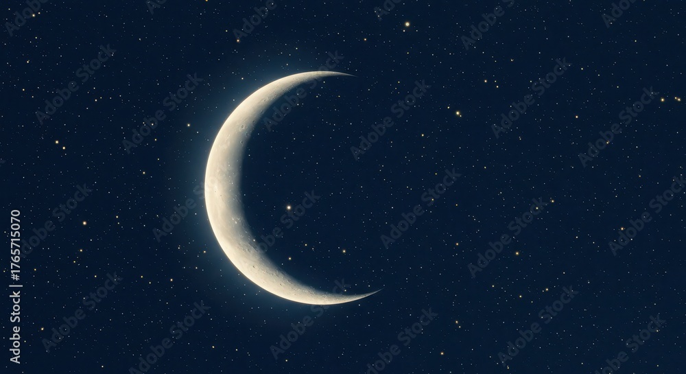 Fototapeta premium Glowing crescent moon illuminates the vast, dark night sky filled with numerous distant stars
