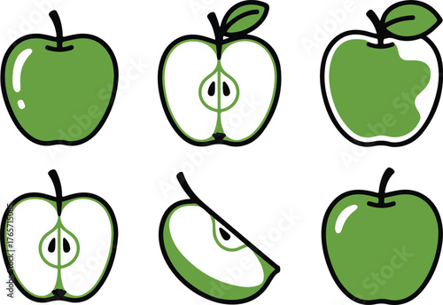Set of Green Apple Icons - Whole, Sliced, and Cross-Section Vector