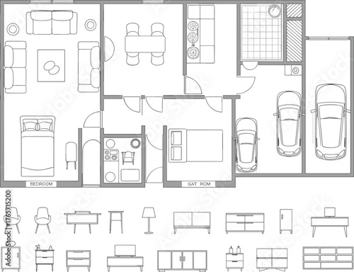 Modern house floor plan with furniture layout, living room, bedroom, guest room, kitchen, bathroom, and double car garage, architectural blueprint design, top view