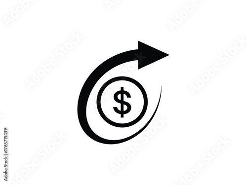 Black icon of a dollar coin with a circular arrow indicating financial return money finance