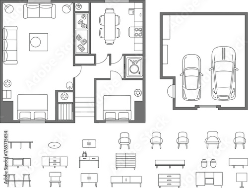 Modern house floor plan top view with furniture, kitchen, bedroom, and garage layout, architectural CAD drawing for home design and real estate visualization