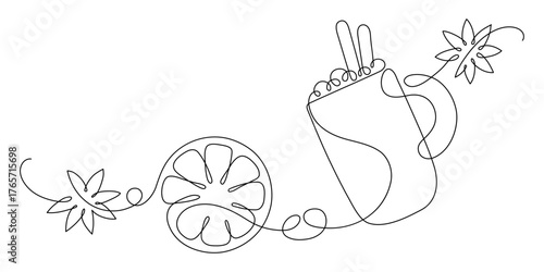 Cup of mulled wine; tea, coffee or coccao with cinnamon stick, orange and star anise spice. Continuous line drawing.