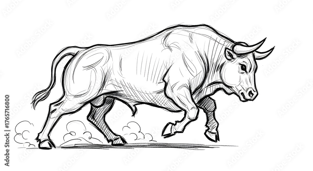 Obraz premium Sketch of a Powerful Bull Charging Forward with Dust Kicking Up