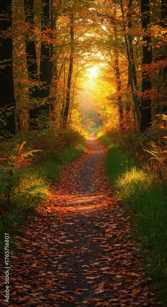 Obraz premium Sunlight streams down a leaf-strewn woodland path during the autumnal season