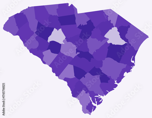 Map of South Carolina with counties. Just a simple state border map with county division. Deep purple color palette. Blank State of South Carolina shape with administrative division.