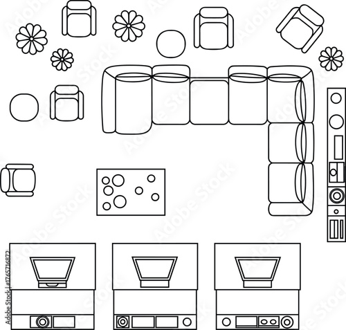 Modern living room layout, sectional sofa design, home theater plan, cozy lounge furniture, minimalist decor, top view interior, entertainment setup, stylish living space, home arrangement, seating