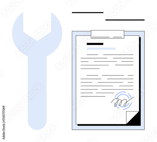 Signed document on clipboard next to a wrench representing repair, maintenance, cooperation, agreement, policy, legal contract, and technical support. Ideal for business, services and a simple flat