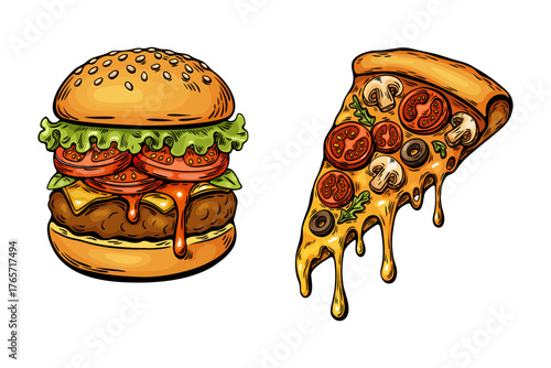 Burger and pizza slice food combo in hand drawn retro style
