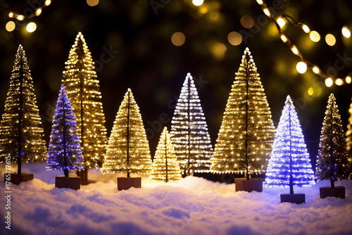 A fairytale forest on winter night where miniature of Christmas trees illuminated by golden lights in snow provide elegant and festive abstract backdrop for the New Year's holidays