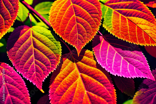 background of autumn leaves with very saturated unrealistic colors as backdrop, fairytale theme