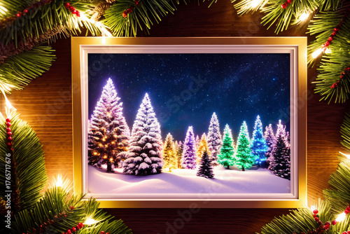 frame decorated with garland and lights for New Year and Christmas holidays, with view of Christmas tree and winter landscape inside, beautiful nature like a fairy tale