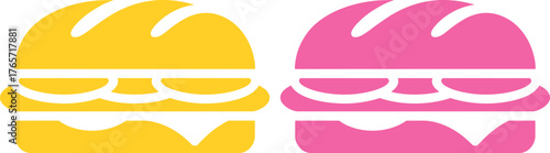 Two sandwiches isolated on white background, one yellow and one pink, representing food, lunch, and fast food