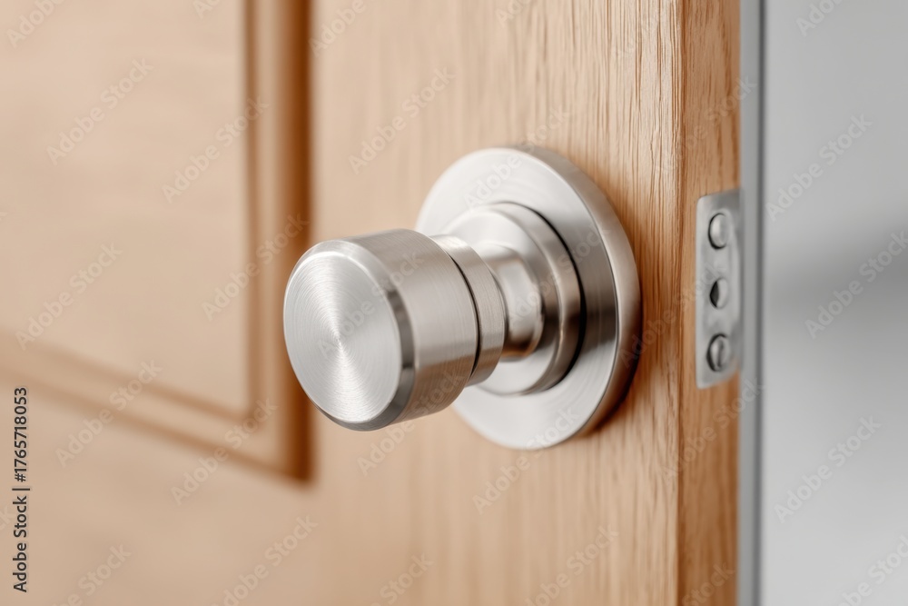 Obraz premium Doorknob. Metal door handle lock and latch of brass on veneer doors. Door wooden half opening through interior background, selective focus. Modern trends in a house design. Close-up. Metallic Keyhole