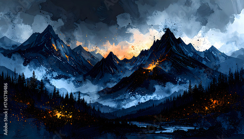 Abstract landscape mountain range on watercolor painting background.