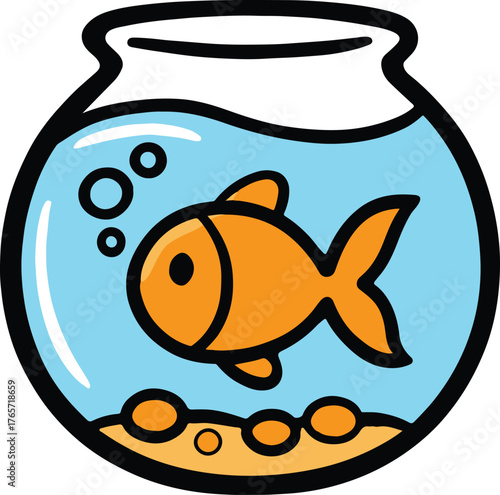 Cute orange goldfish swimming in a light blue fishbowl with bubbles animal aquatic