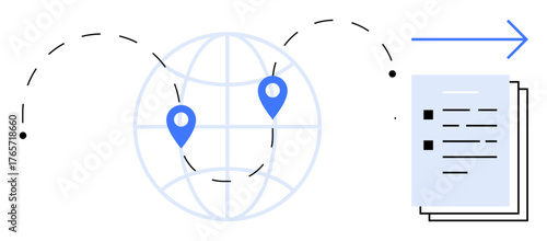 Globe with location markers, dotted lines showing connection, and documents with an arrow. Ideal for communication, data sharing, globalization, logistics, technology, collaboration digital file