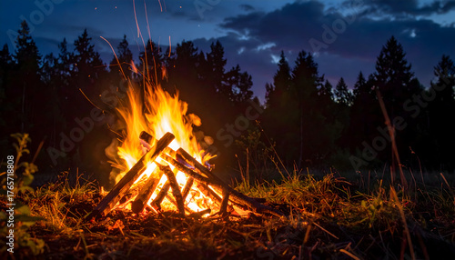 Fire burns at night in a forest clearing, Close up