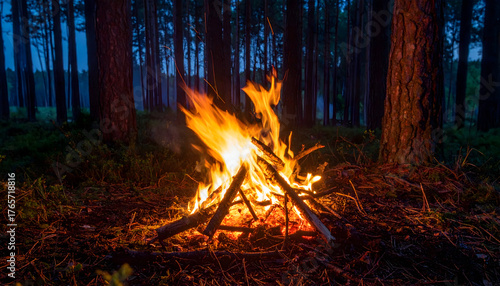 Fire burns at night in a forest clearing, Close up