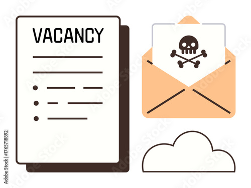 Job listing document paired with open envelope containing a warning sign of digital threat. Ideal for cybersecurity, online safety awareness, phishing, malware, job scams, fraud detection, simple