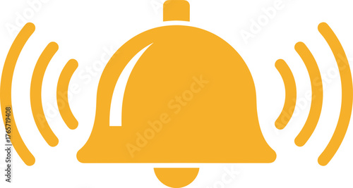 Notification bell icon, alert symbol, ringing bell, sound waves, digital interface, reminder graphic, vector design, orange color, isolated