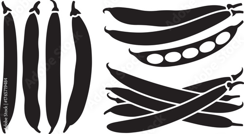Set of Pea Pod and Bean Silhouettes - Black Healthy Food Vector Icons